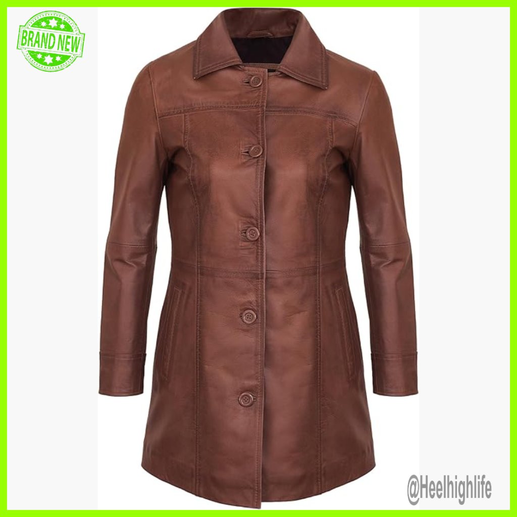 Real Lambskin Leather Car Coat Women's Long Outerwear Button Closure